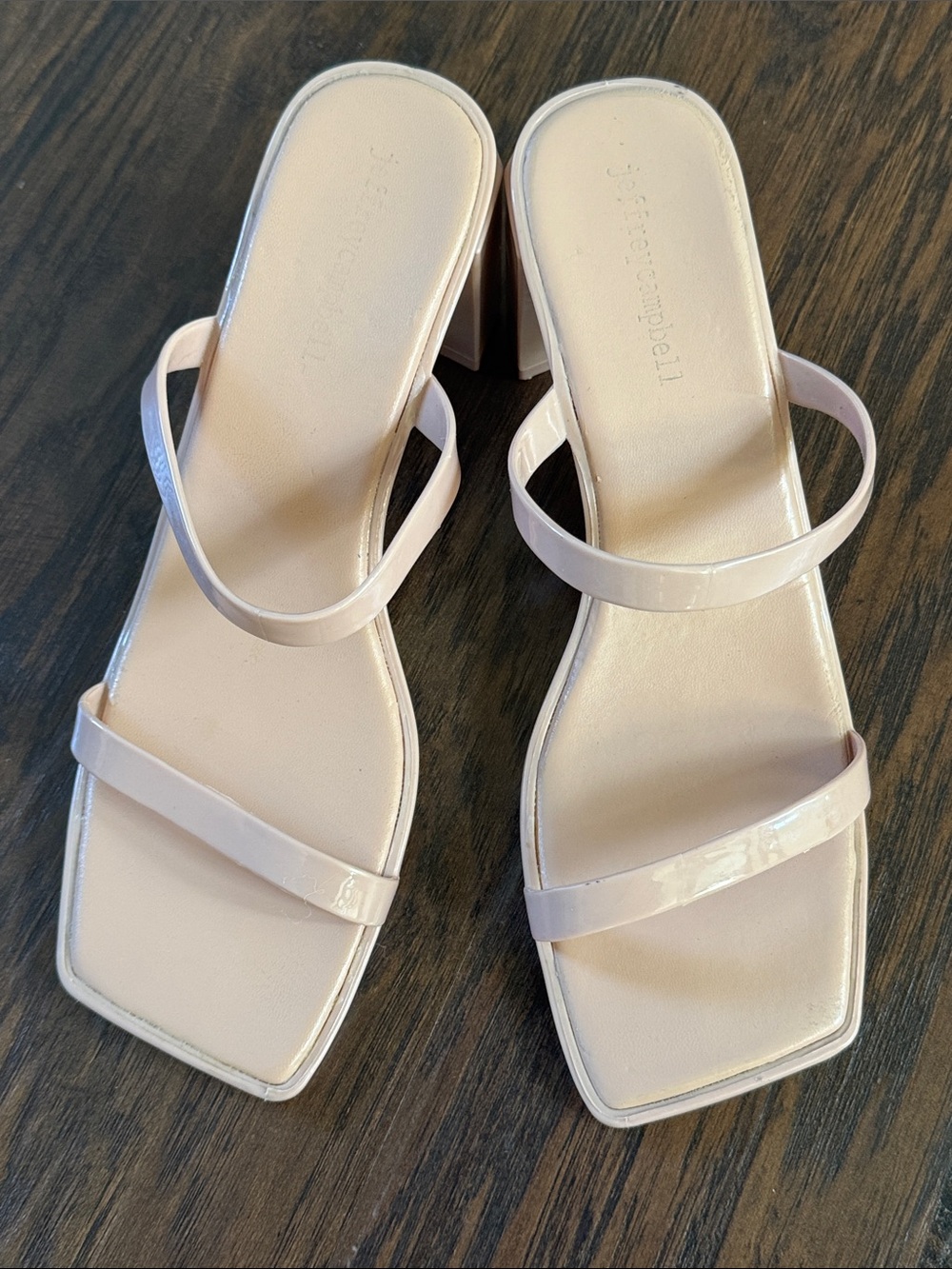 Jeffrey Campbell Pale Pink Patent Square-Toe Double-Strap Block Heel Mules
